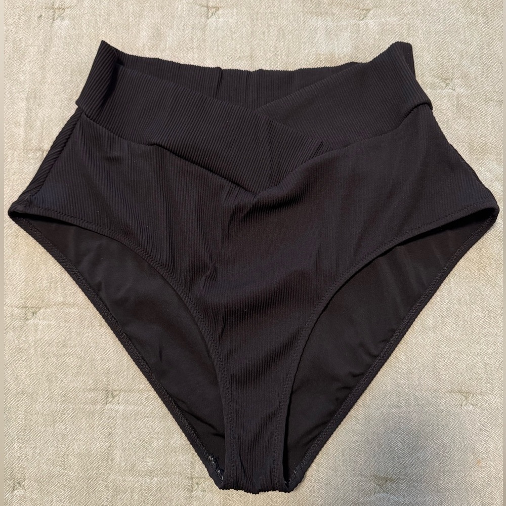 Aerie Ribbed Crossover High-Waisted Black Bikini Bottoms